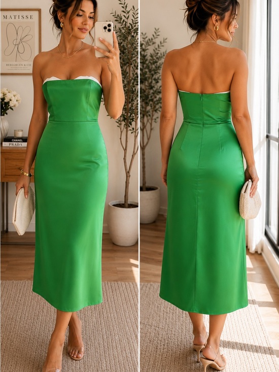 Amanda Uprichard Dresses & Skirts - Amanda Uprichard Strapless Satin Midi Dress – Green Cocktail – Small